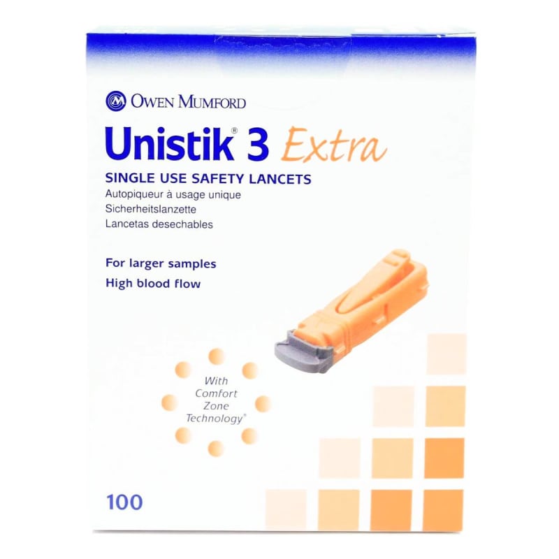 Owen Mumford UnistikÂ® 3 Extra Safety Lancet, 21 Gauge, 2-millimeter Depth
